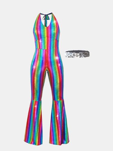 Nawgut Disco Outfit 70s 80s Prom Sparkle Flare Jumpsuit Party Costume Halloween Cosplay For Adult Women