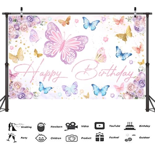 Butterfly Birthday Backdrop Banner Decorations Pink Spring Butterfly Background Photo Booth Props for Butterfly Theme Girl...
