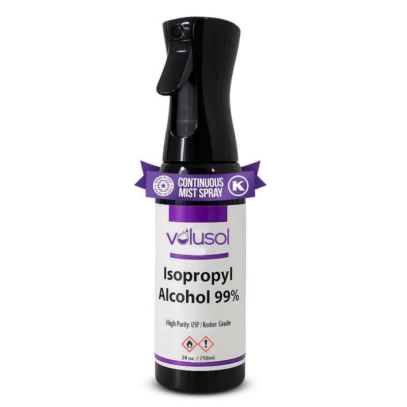 Volu-Sol 99% Isopropyl Alcohol Spray – Continuous Fine Mist Pure IPA 99% Rubbing Alcohol Spray Bottle – USP & Kosher Certified Formula for Electronics, Home & Industrial Use (24 Oz)