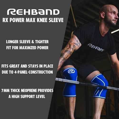 Rehband Rx Knee Sleeve Power Max, 1 piece, knee support 7mm neoprene, strongman, heavy lifting, longest knee sleeve, Colour:Black, Size:M
