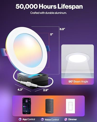Sunco 6 Pack 6 Inch Smart Ultra Thin LED Recessed Ceiling Lights with Night Light, Tunable CCT 2700K to 6000K, Dimmable, 1...