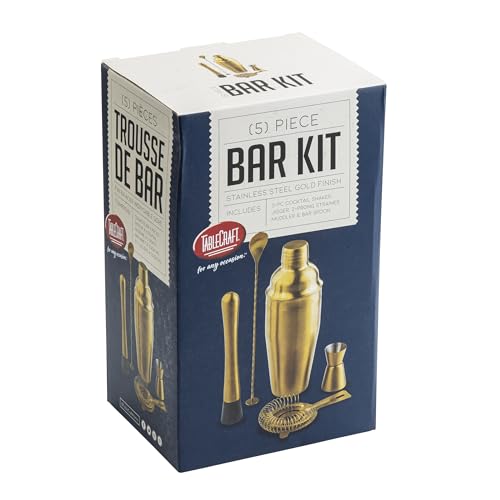 TableCraft 11779 5-Piece Bar Kit Gold – Stainless Steel Cocktail Shaker Set with 24 oz Shaker, Jigger, Strainer, Muddler &...
