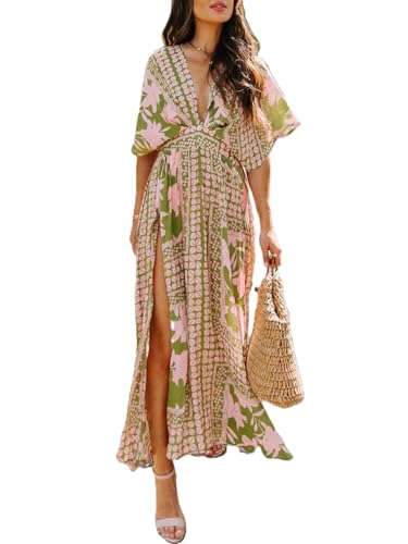 Quatrefox Womens V Neck Flutter Sleeve Boho Midi Dress Summer Wedding Guest Beach Party Long Dresses