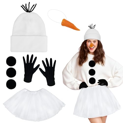Ueyben Snowman Costume Set, Snowman Hat with Tutu Skirt Pom-Poms Carrot Nose Gloves Snowmen Accessories for Women Christma...