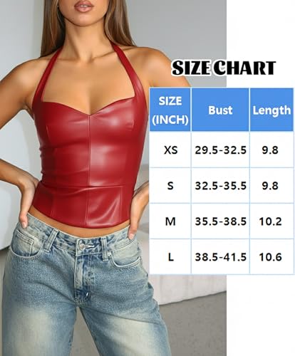 Coloquin Women Sexy Leather Top Sweetheart Neckline Halter Tops Backless Club Party Rave Going Out Tops