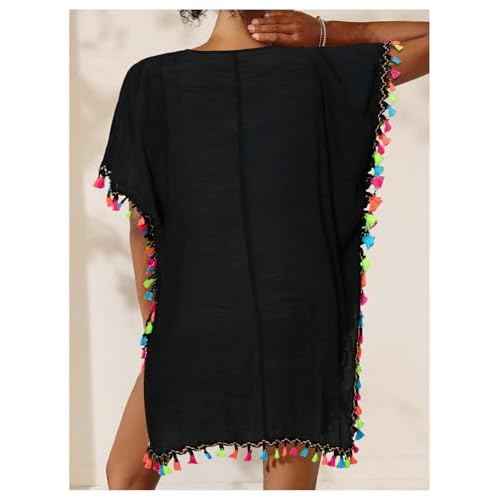 MakeMeChic Women's Swimsuit Cover Up Tassel Short Sleeve Bathing Suit Beach Coverups
