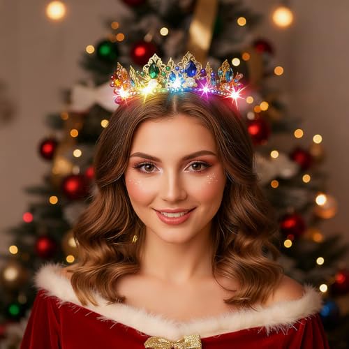 Woeoe Led Colorful Crystal Crown Light up Headband with Combs Rave Festival Hair Accessories for Women