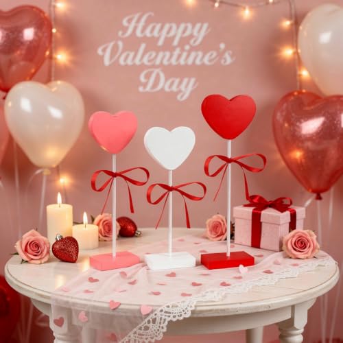 GITMIWS 3 Pieces Valentines Day Decorations, Wooden Heart Valentines Day Table Centerpiece, Romantic Tiered Tray Decor Set...