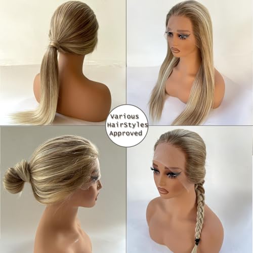 Ubetta Highlight Ash Blonde Wig Human Hair, 13x4 HD Balayage Glueless Wigs Human Hair Ash Brown to Ash Blonde Highlights Pre Plucked 18 Inch 180% Density Lace Frontal Human Hair Wigs for White Women