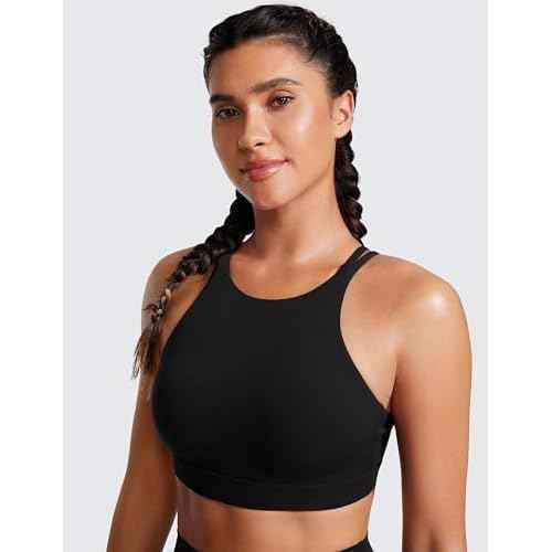 CRZ YOGA Womens Butterluxe High Neck Longline Sports Bras - Criss Cross Halter Wireless Padded Gym Workout Crop Top