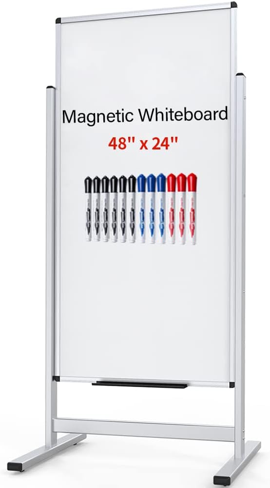 VIZ-PRO Double-Sided Magnetic Stand Whiteboard 48 X 24 Inches, Aluminium Frame & Stand, with 12-Count Markers