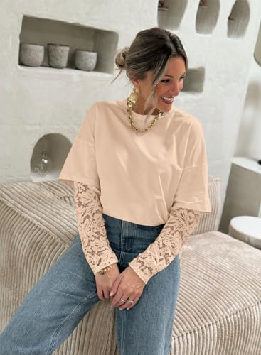 LOLONG T Shirts for Women Fall 2025 Long Sleeve Lace Patchwork Crew Neck Tops Casual Tees