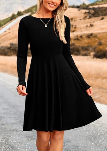 PRETTYGARDEN Women's Fall Short Dress Ribbed Knit Crewneck Long Sleeve A Line Flowy Casual Elegant Going Out Winter Dresses
