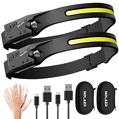 LED Headlamp Rechargeable Flashlight, 2-Pack 230° Wide Beam Headlight with Motion Sensor, Lightweight, Weatherproof, 2 Lig...