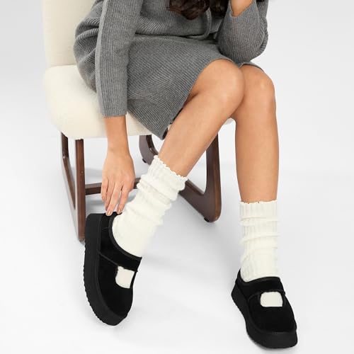 Vilanva Platform Slippers for Women Cozy Fur Lined Slip on Mary Jane Winter Shoes Warm Comfy House Slippers for Indoor Out...