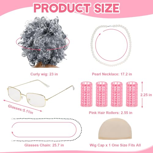 WOVOWOVO Old Lady Costume for Women,Grandma Costume Curly Grey Wig Set,Wig Caps,Madea Granny Glasses, Eyeglass Retainer Ch...