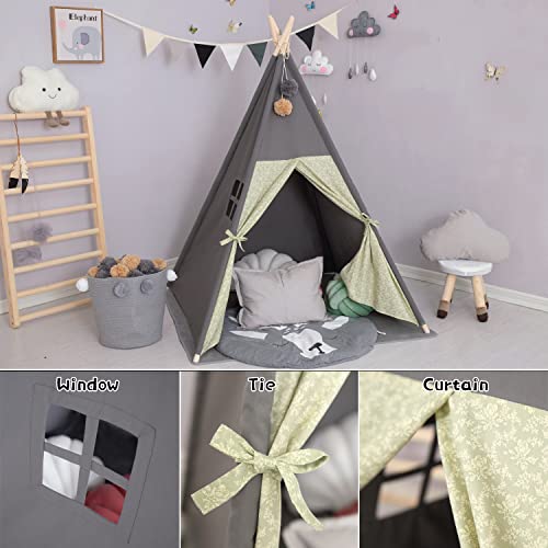 TreeBud Teepee Tent for Kids Stripe Padded Mat Foldable Dark Tone Grey Play Tents for Girl and Boy with Carry Case Wooden ...
