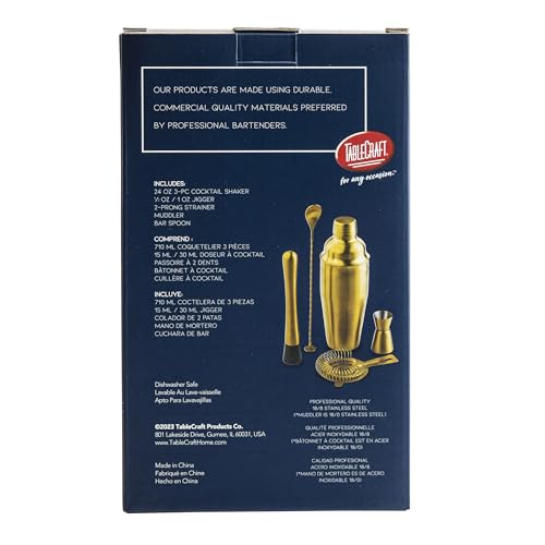 TableCraft 11779 5-Piece Bar Kit Gold – Stainless Steel Cocktail Shaker Set with 24 oz Shaker, Jigger, Strainer, Muddler &...