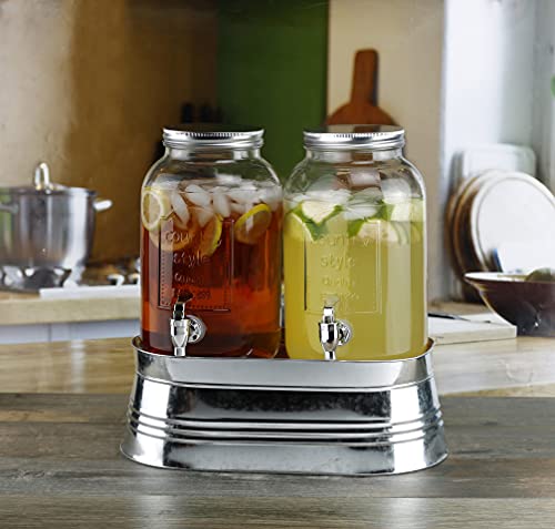 Style Setter Classic Farmhouse Beverage Dispenser Set of 2 Cold Drink Dispenser w/ 1-Gallon Capacity each Glass Jug, Metal...