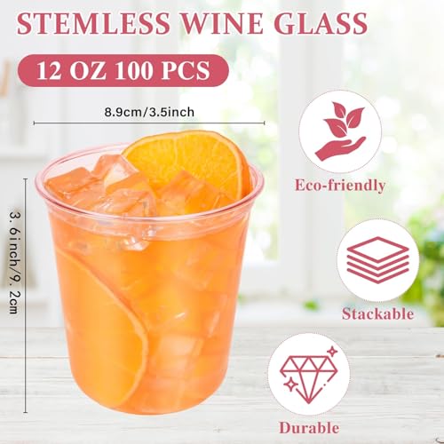 Benestanti 100 Pcs Pink Plastic Cups,12oz Disposable Stemless Wine Glasses for Cocktail,Cute Plastic Cups,Cocktail Wine Gl...
