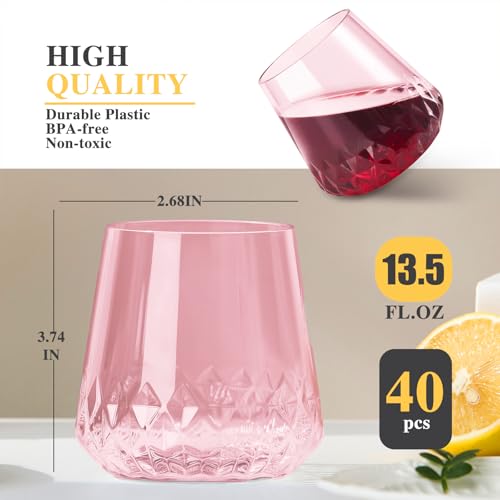 ROIMEE VONT 40 Pack Rhombus Plastic Wine Glasses,Heavy Duty Disposable Wine Champagne Whiskey Glasses Unbreakable Clear Pl...