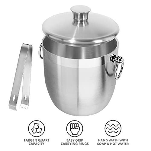 OGGI Double Wall Stainless Steel Ice Bucket - Insulated Ice Bucket with Elegant Steel Lid, Classic Handles & Stainless Ste...