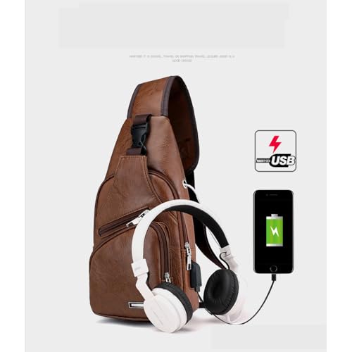 PU Sling Bag Mens Crossbody Bags Chest Bag Daypack Backpack for Men with USB Charge Port Earphone Hole Travel Outdoor Camping