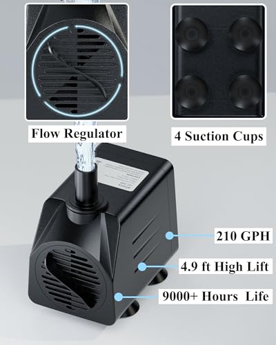 alizzy 210GPH Small Submersible Water Pump(800L/H, 16w), Ultra Quiet Water Fountain Pump with 4.9ft High Lift and 8.2ft po...
