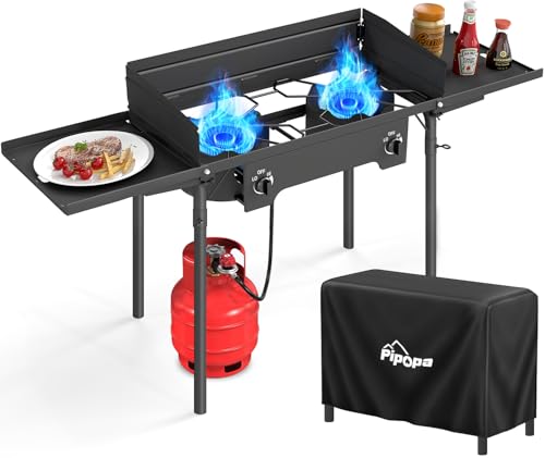 2 Burner Propane Camp Stove | 150,000 BTU Gas Burners | Side Shelves | Windscreen | Waterproof Cover | Detachable Legs | I...