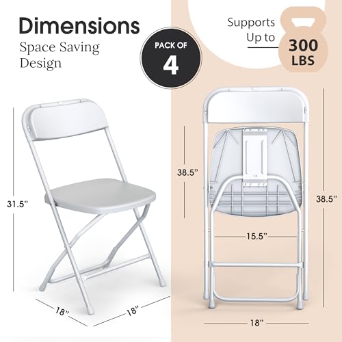 4 PACK White Foldable Plastic Chair | Folding & Stackable | 350 lbs Capacity Steel Frame Seats for Indoor Outdoor | Commer...