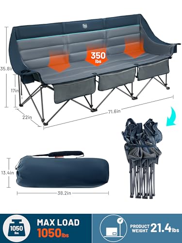TIMBER RIDGE Padded 3 Person Camping Chair with Cup Holders and Pockets, Outdoor Folding Loveseat Camping Chairs, 1050lbs ...