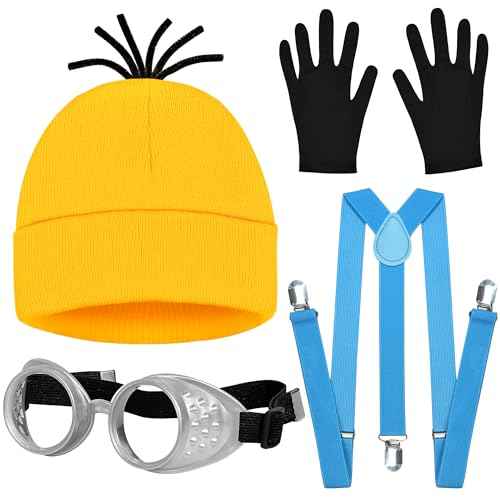 Halloween Costumes for Women Adult, 3PCS Steampunk Goggles Yellow Beanie Hat & Black Gloves and Blue Suspenders for Men Women Funny Halloween Costumes Cosplay Party Set