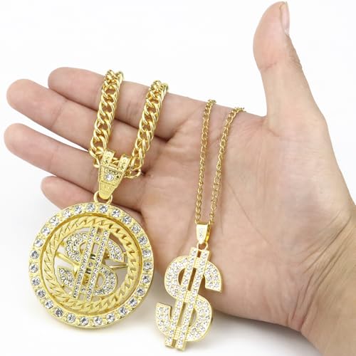 Riuziyi 6 Pack Fake Gold Dollar Sign Chain Necklace Ring for 80s 90s Hip Hop Costumes Outfit, Rapper Jewelry for Men Women