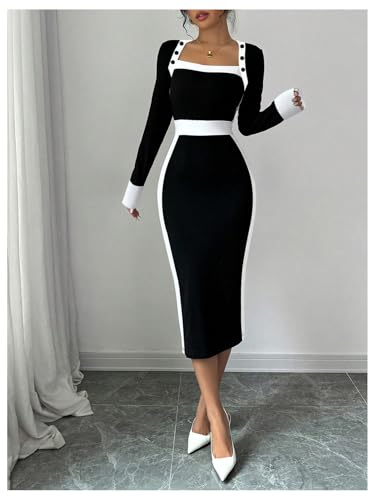 SOLY HUX Women's Long Sleeve Square Neck Bodycon Elegant Midi Dress Pencil Cocktail Party Dresses