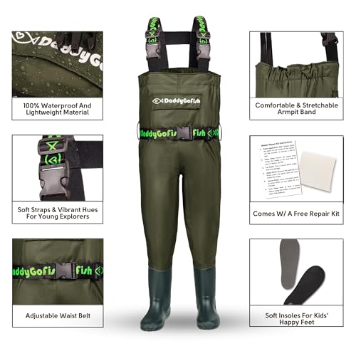 DaddyGoFish Chest Waders for Kids and Adults, Fishing and Hunting Waders with a Pocket and a Wader Hanger