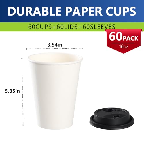16oz Disposable Coffee Cups with Lids & Sleeves 60 Pack | Sturdy, Leak-Proof & Insulated To Go Disposable Cups for Hot/Col...