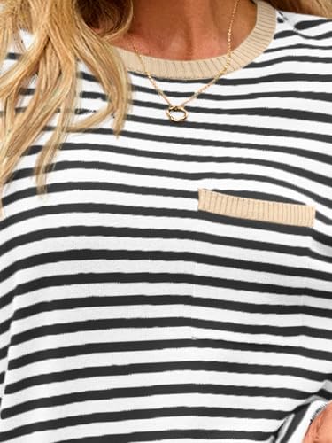 LILLUSORY Womens Striped Soft Knit Pullover Sweater Loose Fit Shirts with Chest Pocket