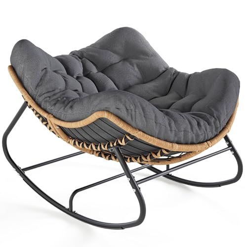SWITTE Outdoor Rocking Chair, Oversized Patio Papasan Rocker, Comfy Wicker Reading Lounge, Indoor Egg Chair for Bedroom, L...