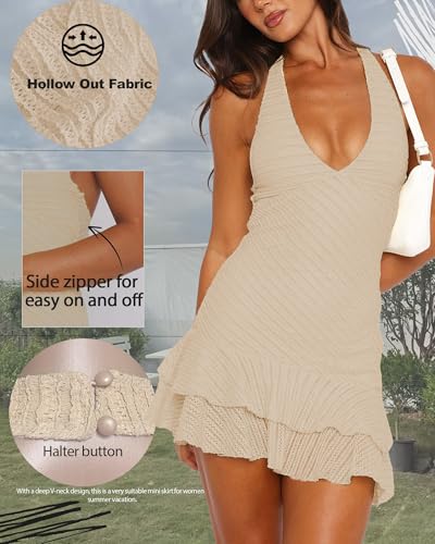 Women's Summer Dresses 2026 Sexy Halter V Neck Backless Hollow Out Ruffle Bodycon Cocktail Party Vacation Mini Dress