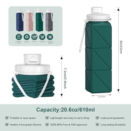 Popdigito 4pack Collapsible Water Bottles, 20.6oz Foldable Water Bottle BPA Free Reusable Lightweight LeakProof Travel Sil...