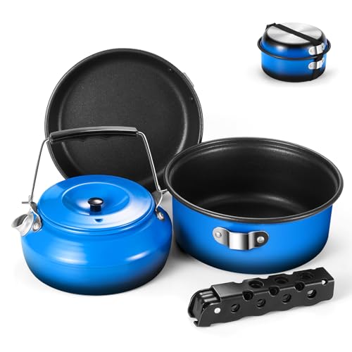 Odoland 5pcs Camping Cookware Non-Stick Camping Pot and Pan Set with Kettle and Removable Handle for Hiking Backpacking an...
