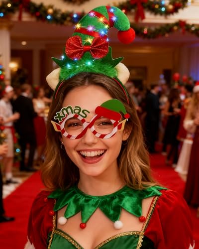 Dkomekii Christmas Elf Headband Light Up LED Elf Hat Headband Glowing with Ears for Xmas Costume Party