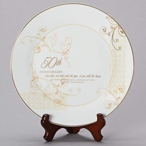 Roman 50th Wedding Anniversary Plate – 2-Piece Set with Decorative Plate and Stand, Golden Celebration Gift for Couples
