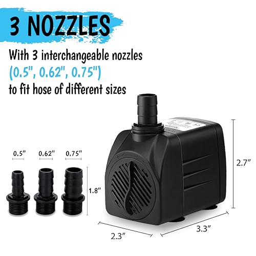 400GPH Submersible Pump 25W - Ultra Quiet Fountain Water Pump, 1500L/hr, 6.56ft High Lift, 3 Nozzles - Submersible Water P...