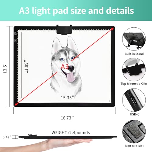 A3 Light Pad - Rechargeable Diamond Painting Light Board with Stand, 3 Colours Stepless Dimmable 6 Levels Brightness Traci...