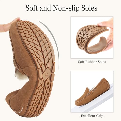 KIDMI Women's Genuine Suede Moccasin Slippers Fluffy Cozy House Shoes with Soft Sole Indoor/Outdoor