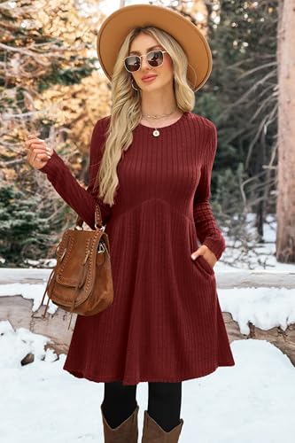 OFEEFAN Long Sleeve Dress for Women Crew Neck Empire Waist Tunic Dress with Pockets