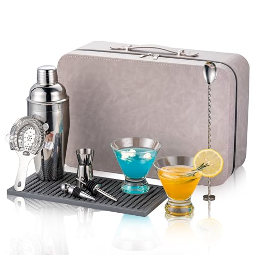 USEEKRIL Travel Martini Kit with 2 Glasses,Travel Bartender Kit with Case Recipe Cards, Cocktail Shaker Set for Cocktail M...