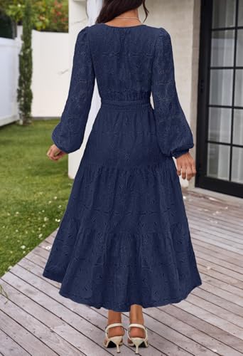 MEROKEETY Women's Fall Long Sleeve Floral Maxi Dress Lace Eyelet Hollow Out Tiered Boho Wedding Guest Dresses Pockets