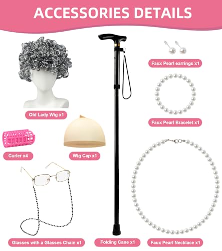 EVAFESNS 100 Days of School Old Lady Grandma Costume Accessories Set with Wig, Glasses, Cane & Faux Pearl Set